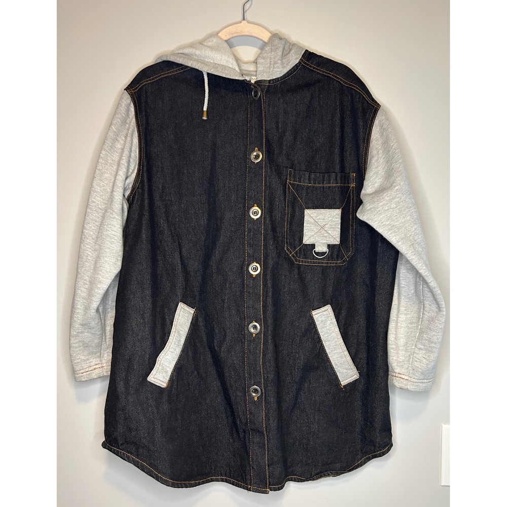 Women Denim Hoodie Jacket Grey Sleeve Contrast Button Front Pocket Medium Roaman